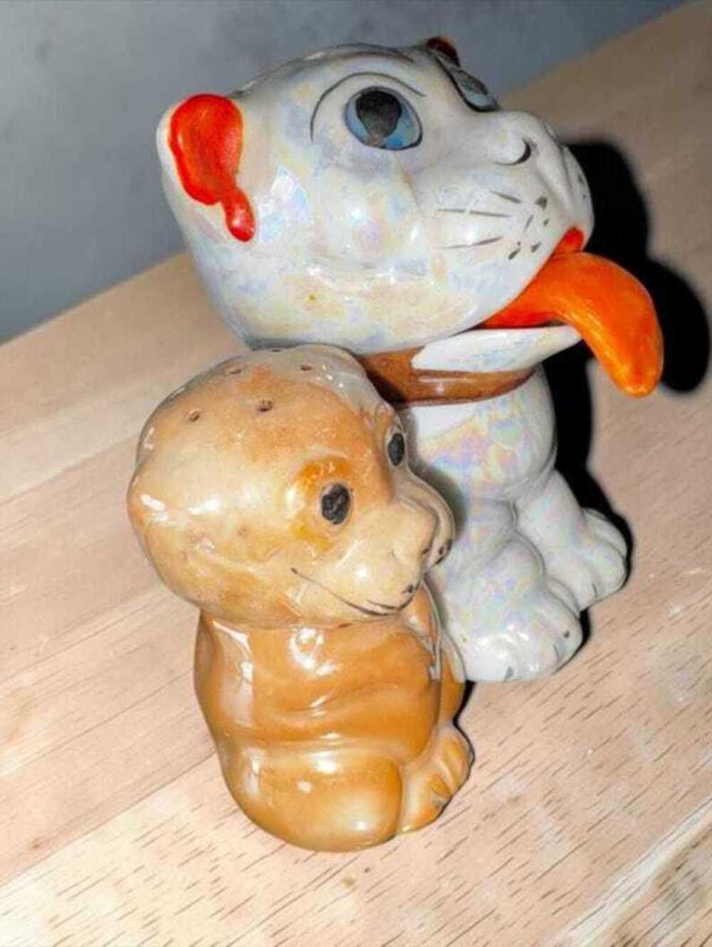 Vintage Ceramic Dog and Puppy Salt and Pepper Shakers Set